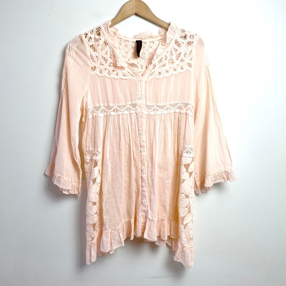 Crochet Lace Boho Crochet Top Sz M Cottagecore Peach Pink Ruffle Corset Back